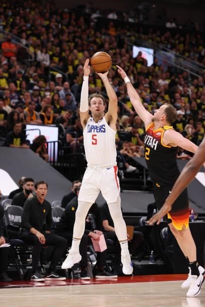 Luke Kennard of the LA Clippers shoots a three point basket against the Utah Jazz during Round 2, Game 5 of the 2021 NBA Playoffs on June 16 1, 2021...