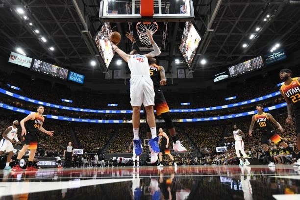 Ivica Zubac of the LA Clippers drives to the basket during the game against the Utah Jazz during Round 2, Game 5 of the 2021 NBA Playoffs on June 16,...