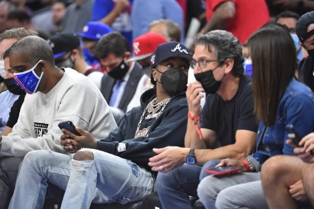Rapper, Quavo, attends a game between the Atlanta Hawks and the Philadelphia 76ers during Round 2, Game 5 of the Eastern Conference Playoffs on June...