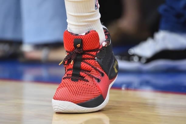 The sneakers worn by Joel Embiid of the Philadelphia 76ers during Round 2, Game 5 of the Eastern Conference Playoffs on June 16, 2021 at Wells Fargo...