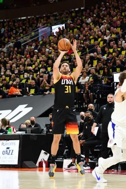 Georges Niang of the Utah Jazz shoots the ball during the game against the LA Clippers during Round 2, Game 5 of the 2021 NBA Playoffs on June 16,...