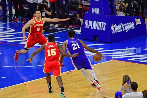 Joel Embiid of the Philadelphia 76ers drives to the basket against the Atlanta Hawks in game 5 of the conference semifinals on June 16, 2021 at Wells...