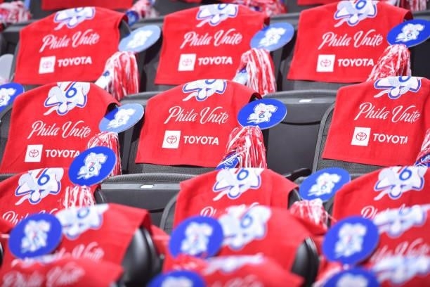 Close up view of rally towels for the fans during Round 2, Game 5 of the Eastern Conference Playoffs on June 16, 2021 at Wells Fargo Center in...