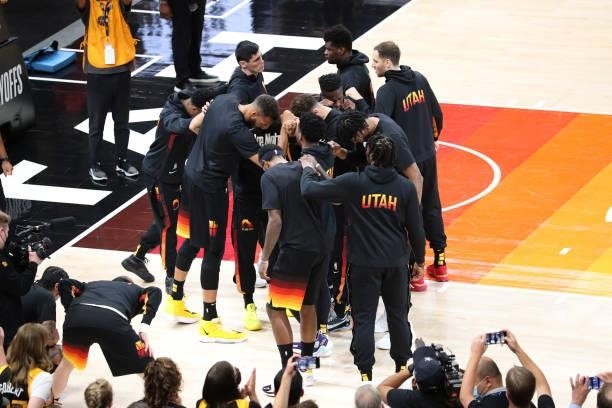 Utah Jazz players huddle up before the game against the LA Clippers during Round 2, Game 5 of the 2021 NBA Playoffs on June 16, 2021 at...