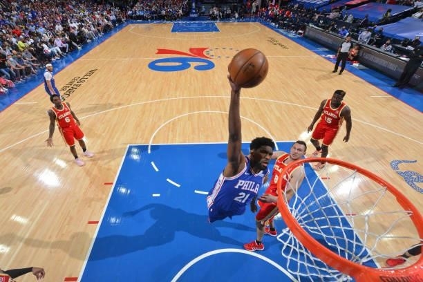 Joel Embiid of the Philadelphia 76ers dunks the ball against the Atlanta Hawks during Round 2, Game 5 of the Eastern Conference Playoffs on June 16,...