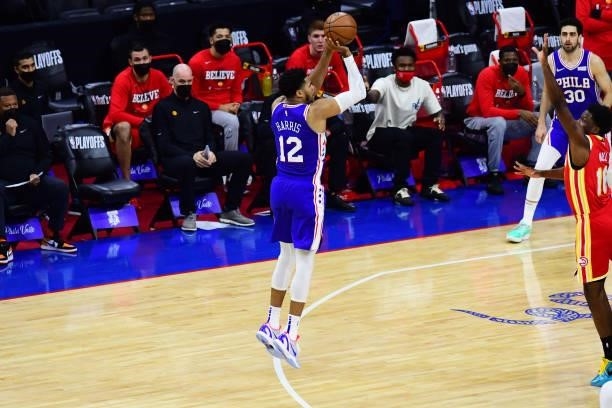 Tobias Harris of the Philadelphia 76ers shoots the ball against the Atlanta Hawks in game 5 of the conference semifinals on June 16, 2021 at Wells...