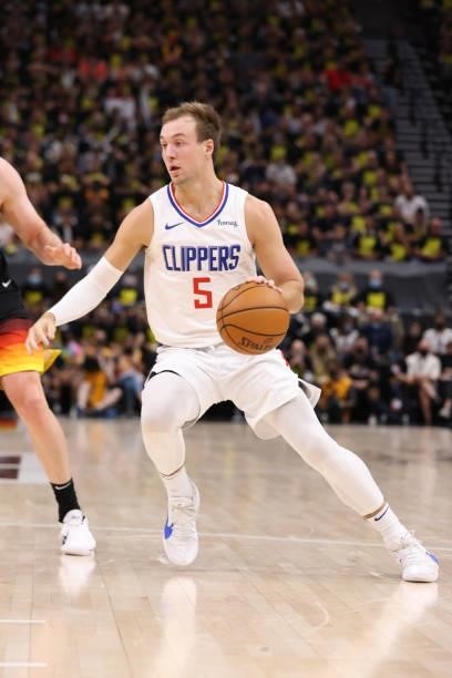 Luke Kennard of the LA Clippers drives to the basket against the Utah Jazz during Round 2, Game 5 of the 2021 NBA Playoffs on June 16 1, 2021 at...