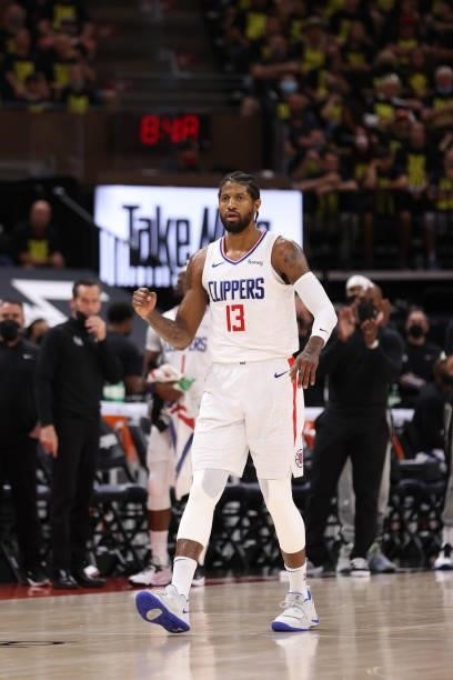 Paul George of the LA Clippers celebrates against the Utah Jazz during Round 2, Game 5 of the 2021 NBA Playoffs on June 16 1, 2021 at...