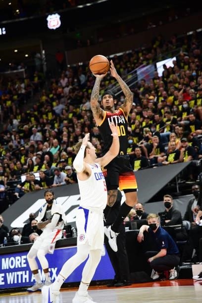 Jordan Clarkson of the Utah Jazz shoots the ball during the game against the LA Clippers during Round 2, Game 5 of the 2021 NBA Playoffs on June 16,...