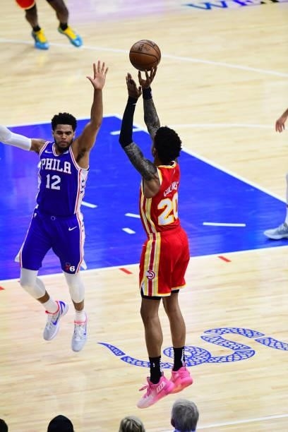 John Collins of the Atlanta Hawks shoots the ball against the Philadelphia 76ers in game 5 of the conference semifinals on June 16, 2021 at Wells...
