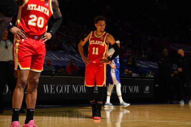 Trae Young of the Atlanta Hawks smiles during a game against the Philadelphia 76ers during Round 2, Game 5 of the Eastern Conference Playoffs on June...
