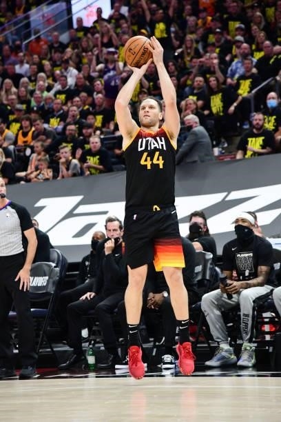 Bojan Bogdanovic of the Utah Jazz shoots the ball during the game against the LA Clippers during Round 2, Game 5 of the 2021 NBA Playoffs on June 16,...