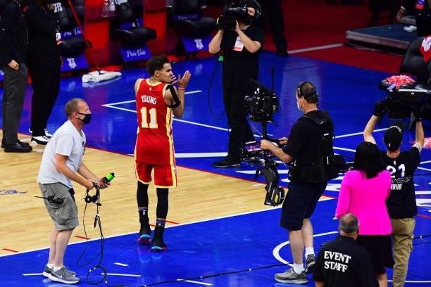 Trae Young of the Atlanta Hawks gives interview after the game against the Philadelphia 76ers in game 5 of the conference semifinals on June 16, 2021...