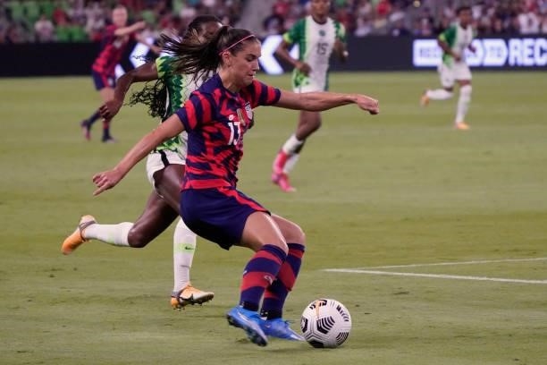 Alex Morgan of the United States drives against Nigeria during the second half of their WNT Summer Series game at Q2 Stadium on June 16, 2021 in...