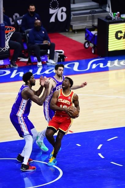 Solomon Hill of the Atlanta Hawks drives to the basket against the Philadelphia 76ers in game 5 of the conference semifinals on June 16, 2021 at...