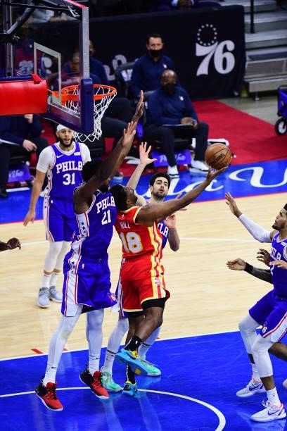 Solomon Hill of the Atlanta Hawks shoots the ball against the Philadelphia 76ers in game 5 of the conference semifinals on June 16, 2021 at Wells...