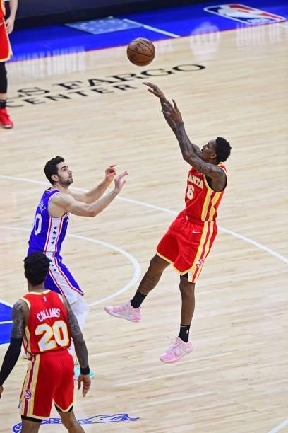 Lou Williams of the Atlanta Hawks shoots the ball against the Philadelphia 76ers in game 5 of the conference semifinals on June 16, 2021 at Wells...