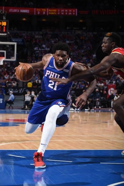 Joel Embiid of the Philadelphia 76ers handles the ball against the Atlanta Hawks during Round 2, Game 5 of the Eastern Conference Playoffs on June...