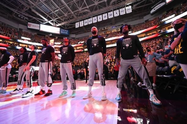 The LA Clippers listen to the national anthem before the game against the Utah Jazz during Round 2, Game 5 of the 2021 NBA Playoffs on June 16, 2021...