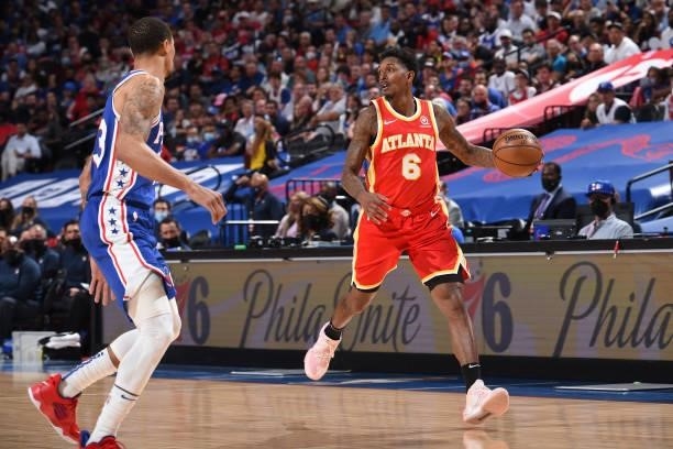 Lou Williams of the Atlanta Hawks handles the ball against the Philadelphia 76ers during Round 2, Game 5 of the Eastern Conference Playoffs on June...