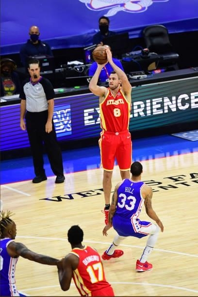 Danilo Gallinari of the Atlanta Hawks shoots the ball against the Philadelphia 76ers in game 5 of the conference semifinals on June 16, 2021 at Wells...