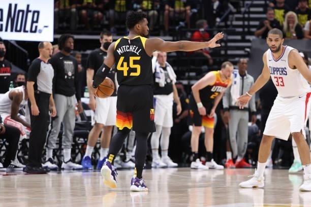 Nicolas Batum of the LA Clippers plays defense on Donovan Mitchell of the Utah Jazz during Round 2, Game 5 of the 2021 NBA Playoffs on June 16 1,...