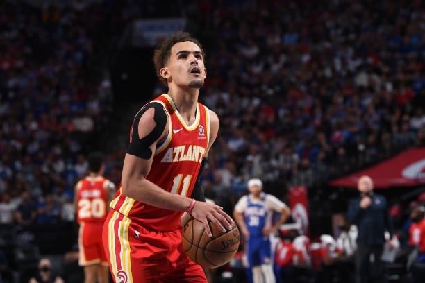 Trae Young of the Atlanta Hawks shoots a free throw during a game against the Philadelphia 76ers during Round 2, Game 5 of the Eastern Conference...