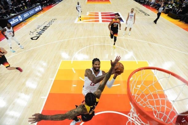 Paul George of the LA Clippers drives to the basket during the game against the Utah Jazz during Round 2, Game 5 of the 2021 NBA Playoffs on June 16,...