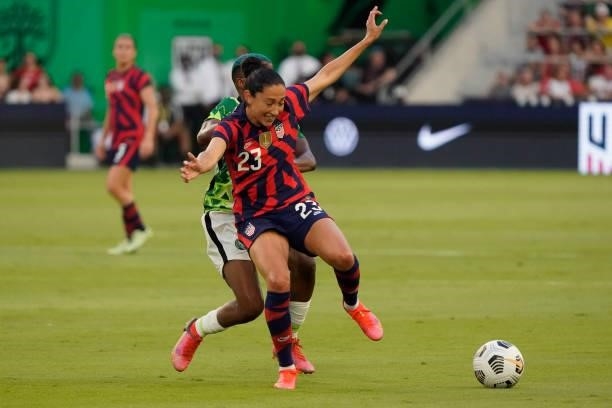 Christen Press of the United States controls the ball against Nigeria during the first half of their WNT Summer Series game at Q2 Stadium on June 16,...