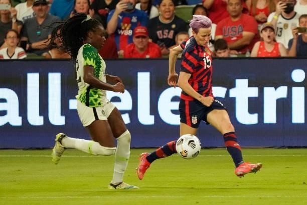 Megan Rapinoe of the United States controls the ball against Michelle Alozie of Nigeria during the second half of their WNT Summer Series game at Q2...