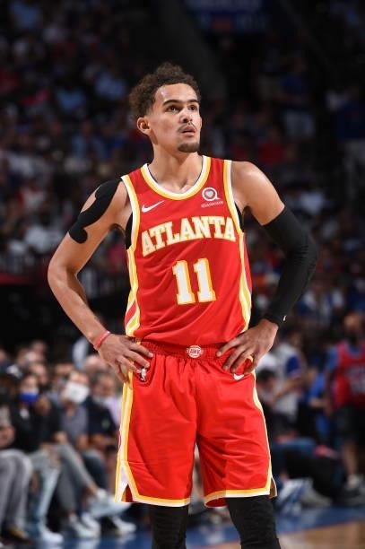 Trae Young of the Atlanta Hawks looks on during a game against the Philadelphia 76ers during Round 2, Game 5 of the Eastern Conference Playoffs on...