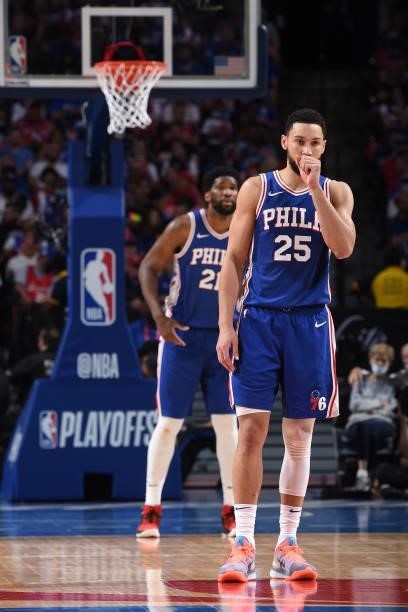 Ben Simmons of the Philadelphia 76ers looks on during a game against the Atlanta Hawks during Round 2, Game 5 of the Eastern Conference Playoffs on...