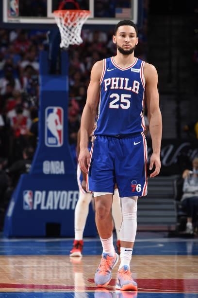 Ben Simmons of the Philadelphia 76ers looks on during a game against the Atlanta Hawks during Round 2, Game 5 of the Eastern Conference Playoffs on...