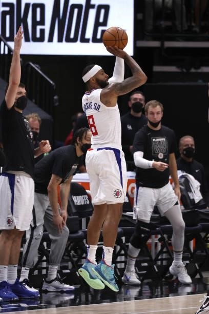Marcus Morris Sr. #8 of the LA Clippers shoots the ball during the game against the Utah Jazz during Round 2, Game 5 of the 2021 NBA Playoffs on June...