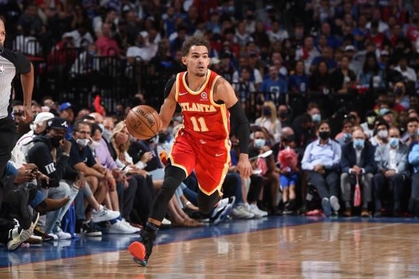 Trae Young of the Atlanta Hawks handles the ball against the Philadelphia 76ers during Round 2, Game 5 of the Eastern Conference Playoffs on June 16,...