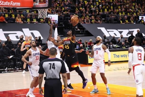 Donovan Mitchell of the Utah Jazz shoots the ball during the game against the LA Clippers during Round 2, Game 5 of the 2021 NBA Playoffs on June 16,...