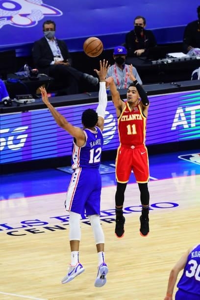 Trae Young of the Atlanta Hawks shoots the ball against the Philadelphia 76ers in game 5 of the conference semifinals on June 16, 2021 at Wells Fargo...