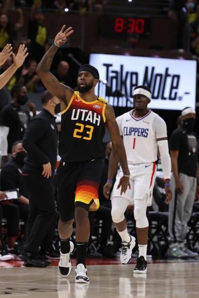 Royce O'Neale of the Utah Jazz celebrates a three point basket against the LA Clippers during Round 2, Game 5 of the 2021 NBA Playoffs on June 16 1,...