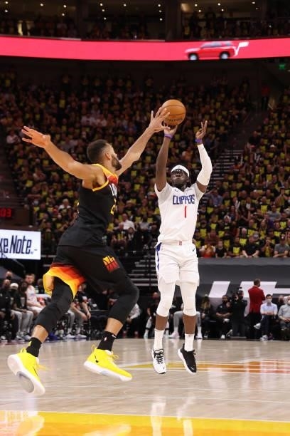 Reggie Jackson of the LA Clippers shoots the ball against the Utah Jazz during Round 2, Game 5 of the 2021 NBA Playoffs on June 16 1, 2021 at...