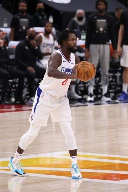 Patrick Beverley of the LA Clippers looks to pass the ball during the game against the Utah Jazz during Round 2, Game 5 of the 2021 NBA Playoffs on...