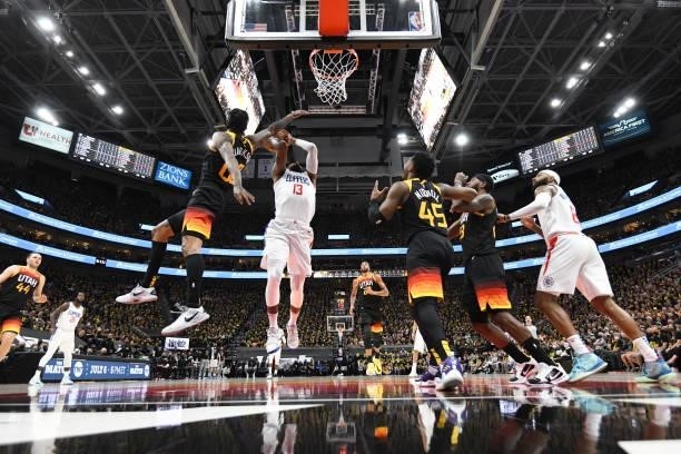 Paul George of the LA Clippers drives to the basket during the game against the Utah Jazz during Round 2, Game 5 of the 2021 NBA Playoffs on June 16,...