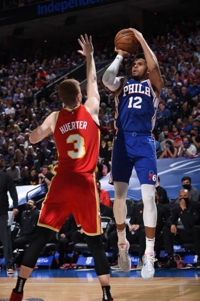 Tobias Harris of the Philadelphia 76ers shoots the ball against the Atlanta Hawks during Round 2, Game 5 of the Eastern Conference Playoffs on June...