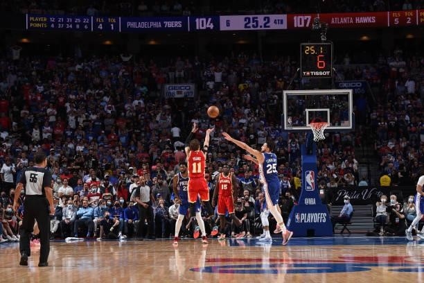 Trae Young of the Atlanta Hawks shoots a three-pointer against Ben Simmons of the Philadelphia 76ers during Round 2, Game 5 of the Eastern Conference...