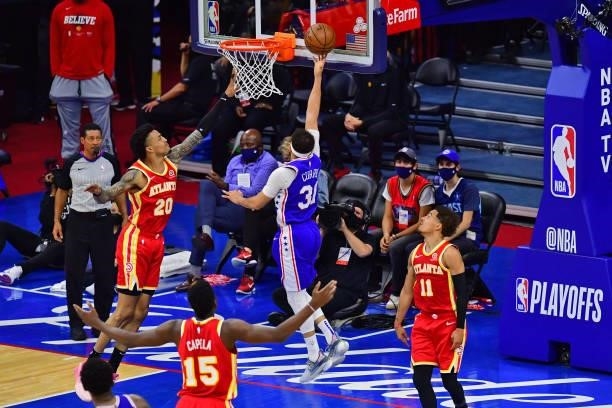 Furkan Korkmaz of the Philadelphia 76ers drives to the basket against the Atlanta Hawks in game 5 of the conference semifinals on June 16, 2021 at...