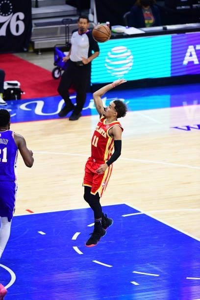 Trae Young of the Atlanta Hawks shoots the ball against the Philadelphia 76ers in game 5 of the conference semifinals on June 16, 2021 at Wells Fargo...