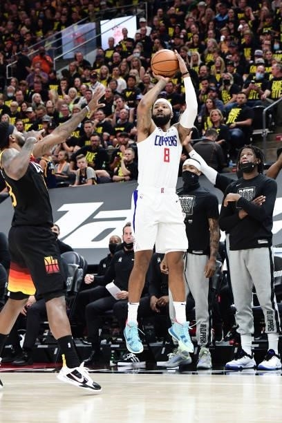 Marcus Morris Sr. #8 of the LA Clippers shoots a three point basket during the game against the Utah Jazz during Round 2, Game 5 of the 2021 NBA...