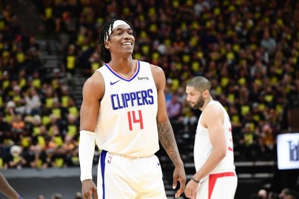 Terance Mann of the LA Clippers smiles during the game against the Utah Jazz during Round 2, Game 5 of the 2021 NBA Playoffs on June 16, 2021 at...