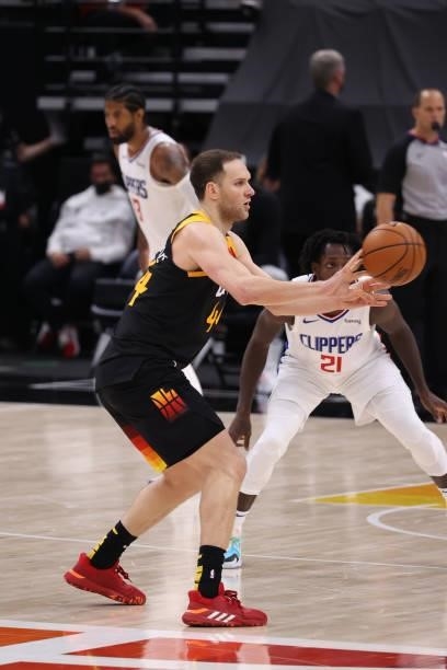 Bojan Bogdanovic of the Utah Jazz passes the ball during the game against the LA Clippers during Round 2, Game 5 of the 2021 NBA Playoffs on June 16,...