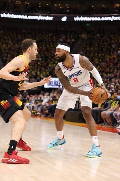 Marcus Morris Sr. #8 of the LA Clippers looks to pass the ball against the Utah Jazz during Round 2, Game 5 of the 2021 NBA Playoffs on June 16 1,...