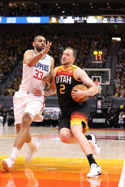 Joe Ingles of the Utah Jazz drives to the basket against the LA Clippers during Round 2, Game 5 of the 2021 NBA Playoffs on June 16 1, 2021 at...